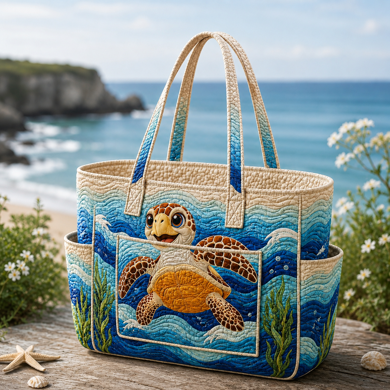 Turtle Ocean Multiple Pockets Quilted Tote Bag TP55
