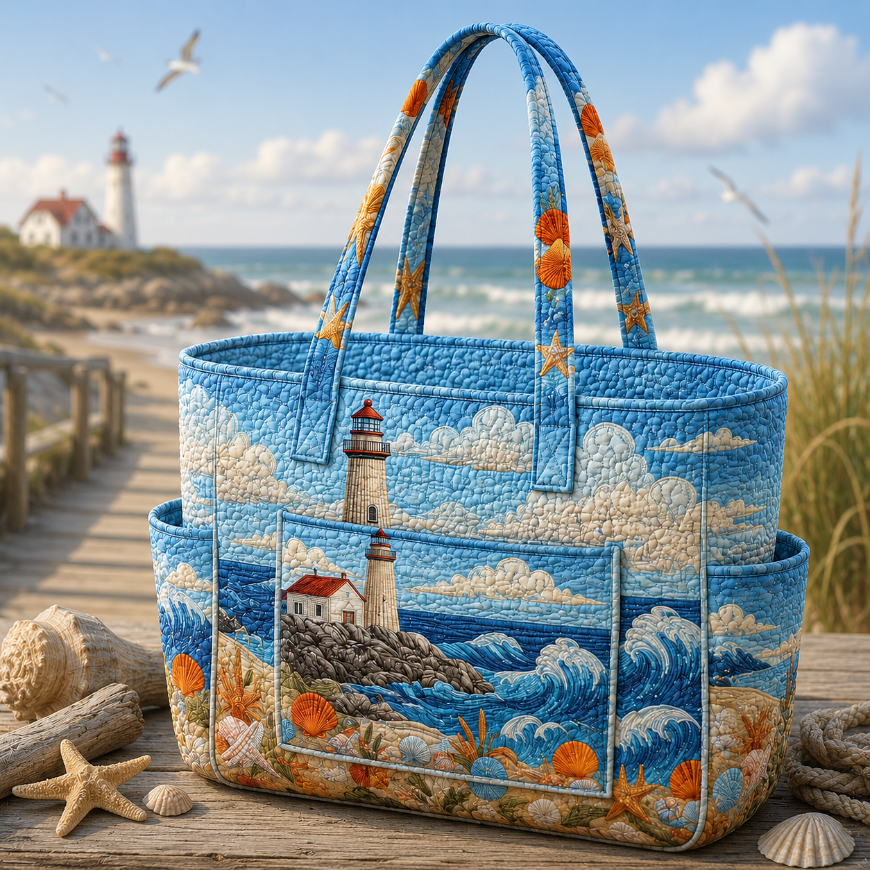 Nautical Lighthouse Multiple Pockets Quilted Tote Bag TP62