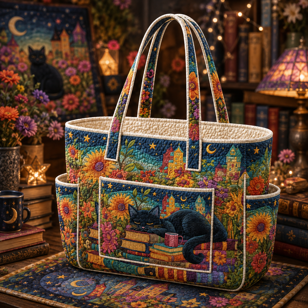 Sleeping Cat Multiple Pockets Quilted Tote Bag TP63