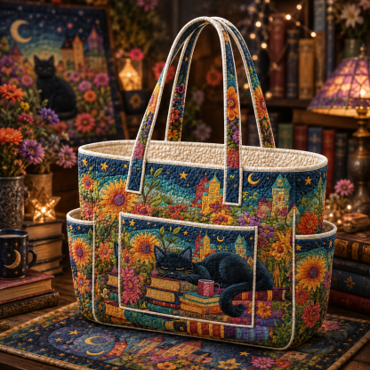 Sleeping Cat Multiple Pockets Quilted Tote Bag TP63