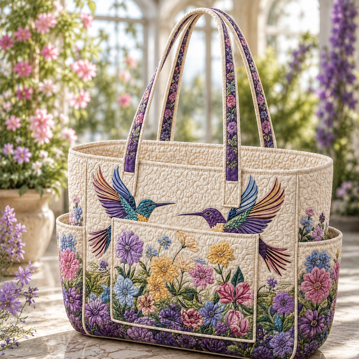 Elegance Hummingbird Multiple Pockets Quilted Tote Bag TP69