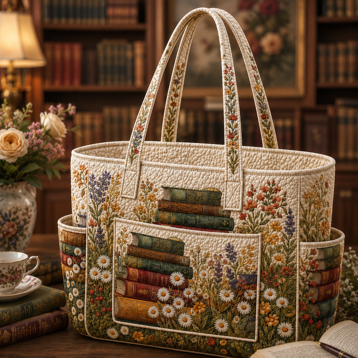 Vintage Bookworm Multiple Pockets Quilted Tote Bag TP71