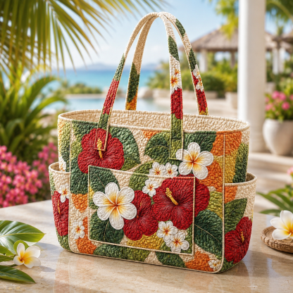 Sunset Hibiscus Multiple Pockets Quilted Tote Bag TP70