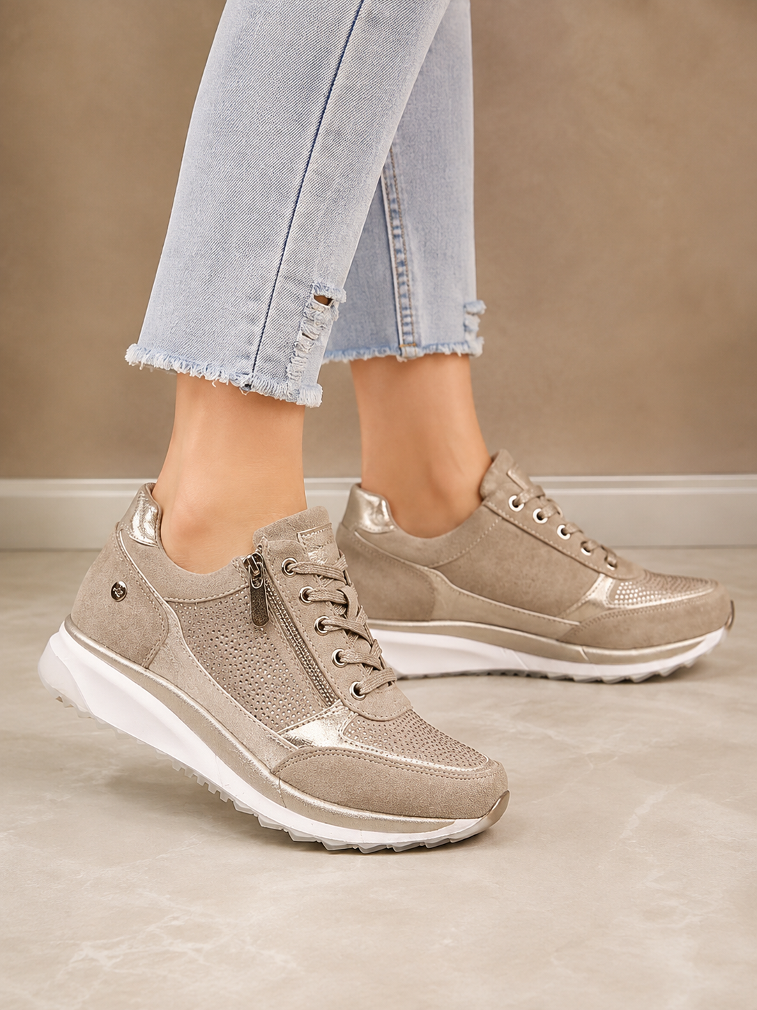Khaki women&rsquo;s side-zip wedge sneakers