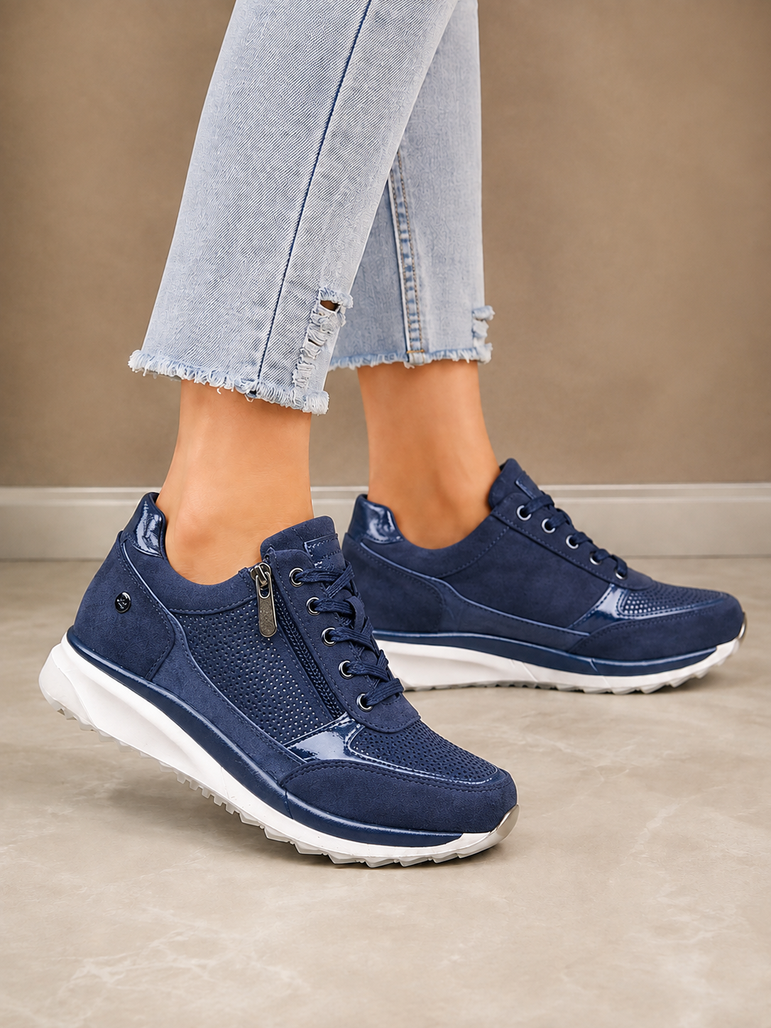 Navy blue comfort wedge sneakers