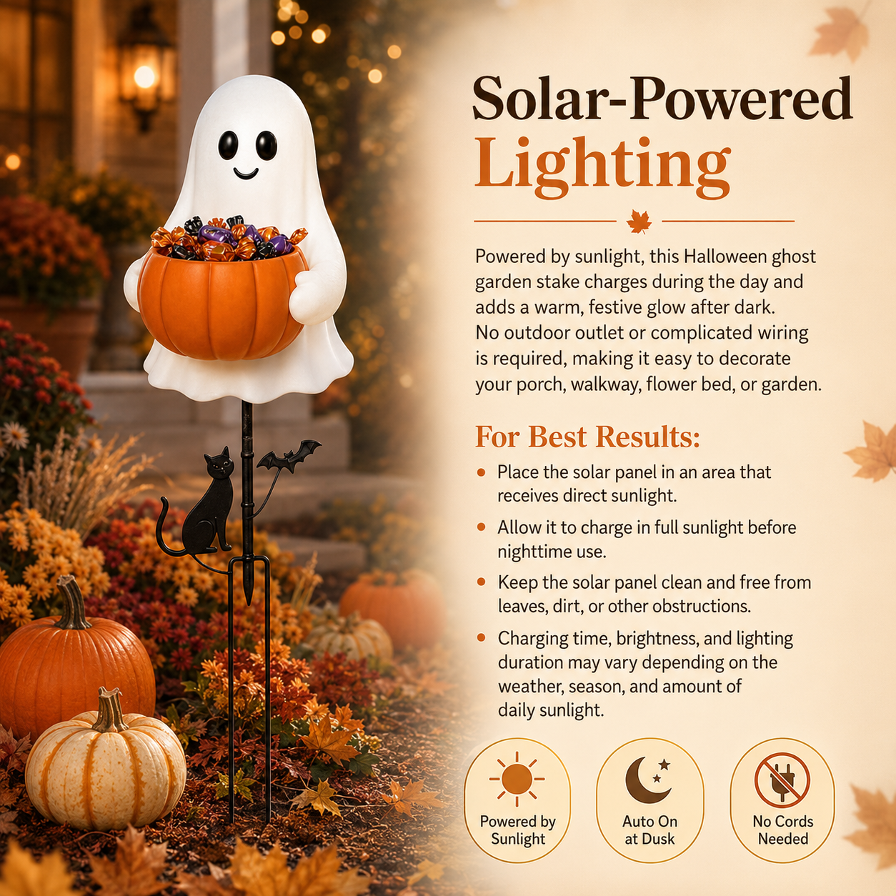 Solar-Powered Light-Up Ghost Pumpkin Candy Bowl Garden Stake – Halloween Outdoor Decor