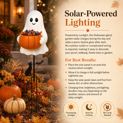 Solar-Powered Light-Up Ghost Pumpkin Candy Bowl Garden Stake – Halloween Outdoor Decor