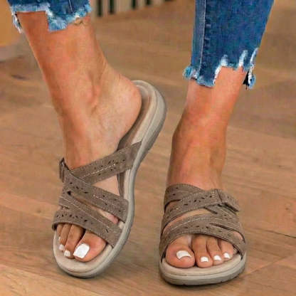 Women's Suede-Look Comfort Slide Sandals – Perforated Cutout & Adjustable Strap