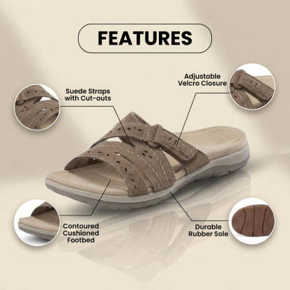 Women's Suede-Look Comfort Slide Sandals – Perforated Cutout & Adjustable Strap