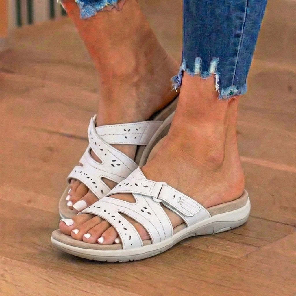 Women's Suede-Look Comfort Slide Sandals – Perforated Cutout & Adjustable Strap