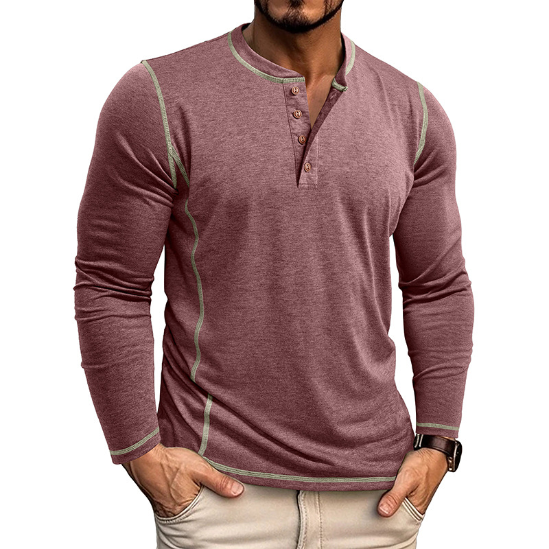 Men's Henley Collar Casual Fashion Color-Blocked Stitched Long-Sleeve Shirt
