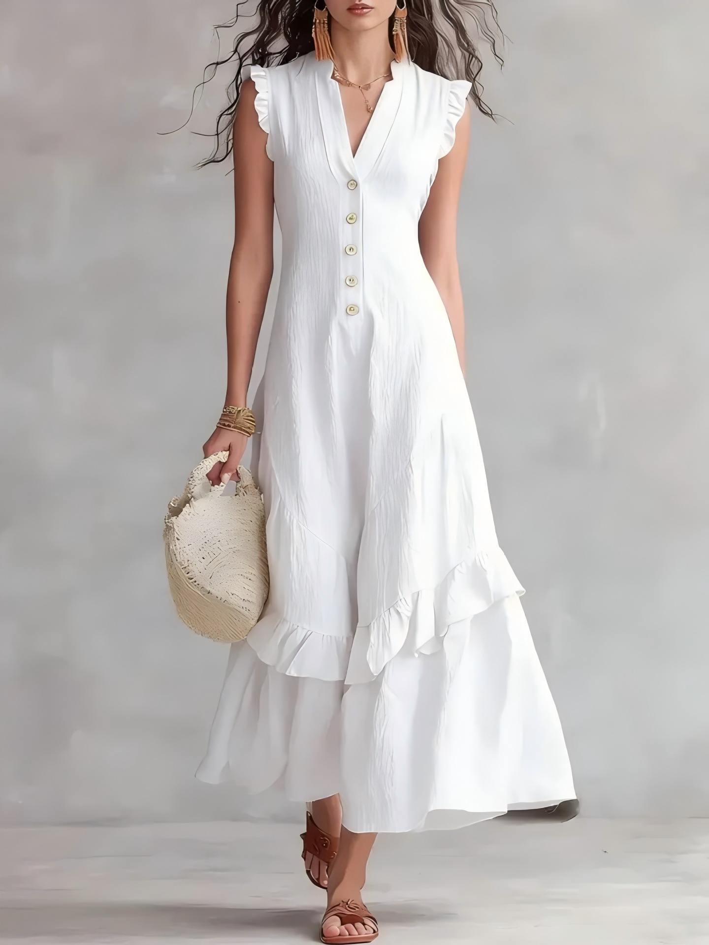 Women’s Ruffle Trim V Neck Flowy Maxi Dress