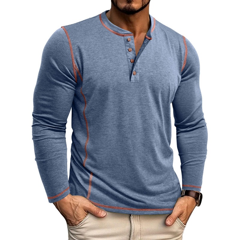 Men's Henley Collar Casual Fashion Color-Blocked Stitched Long-Sleeve Shirt