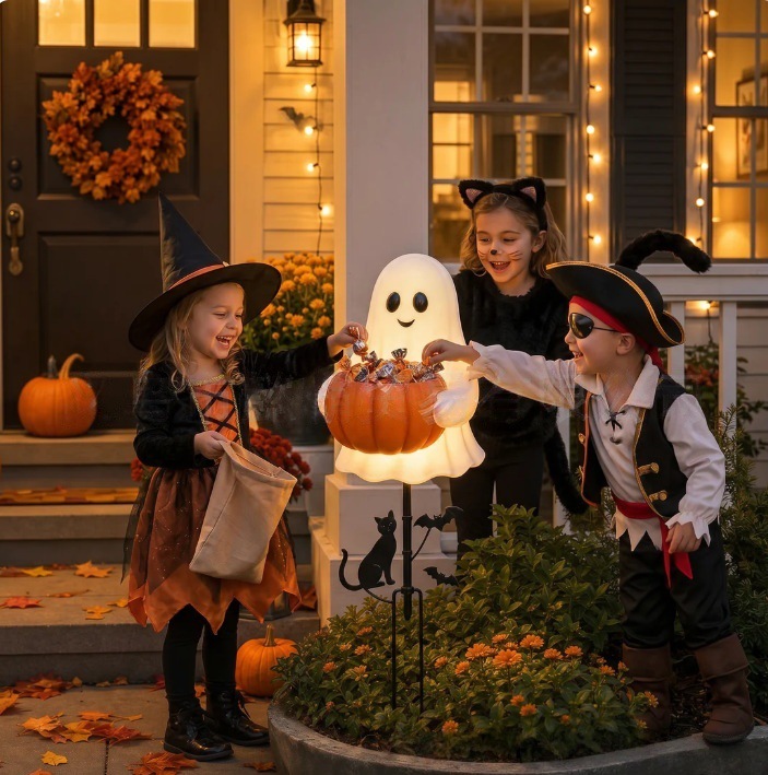 Light-Up Ghost Pumpkin Candy Bowl Garden Stake – Halloween Outdoor Decor