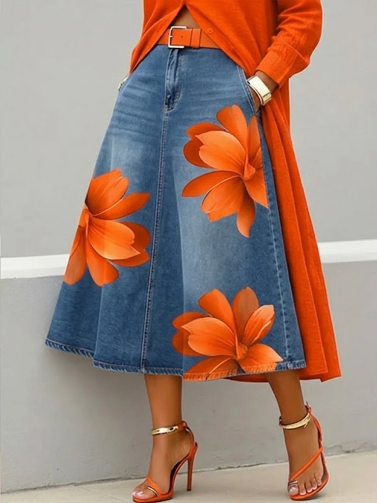 Women’s Artistic Ink Print High-Waisted Stretch Casual Denim Skirt