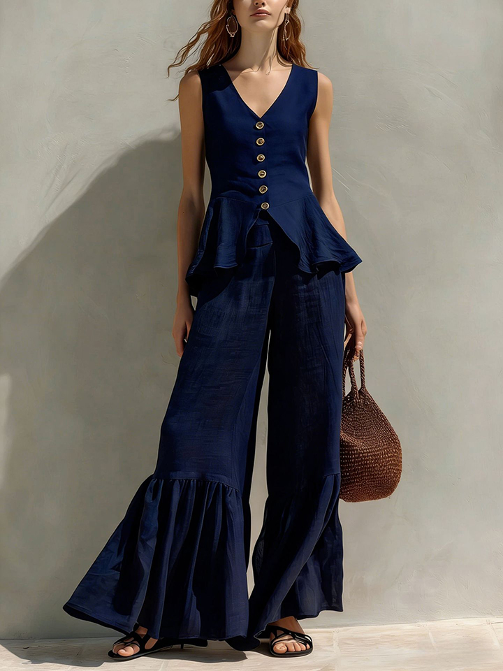 Women’s Ruffle Peplum Top and Wide Leg Pants Set
