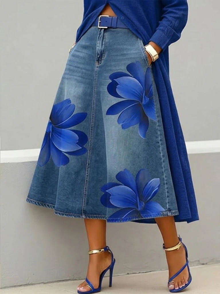 Women’s Artistic Ink Print High-Waisted Stretch Casual Denim Skirt