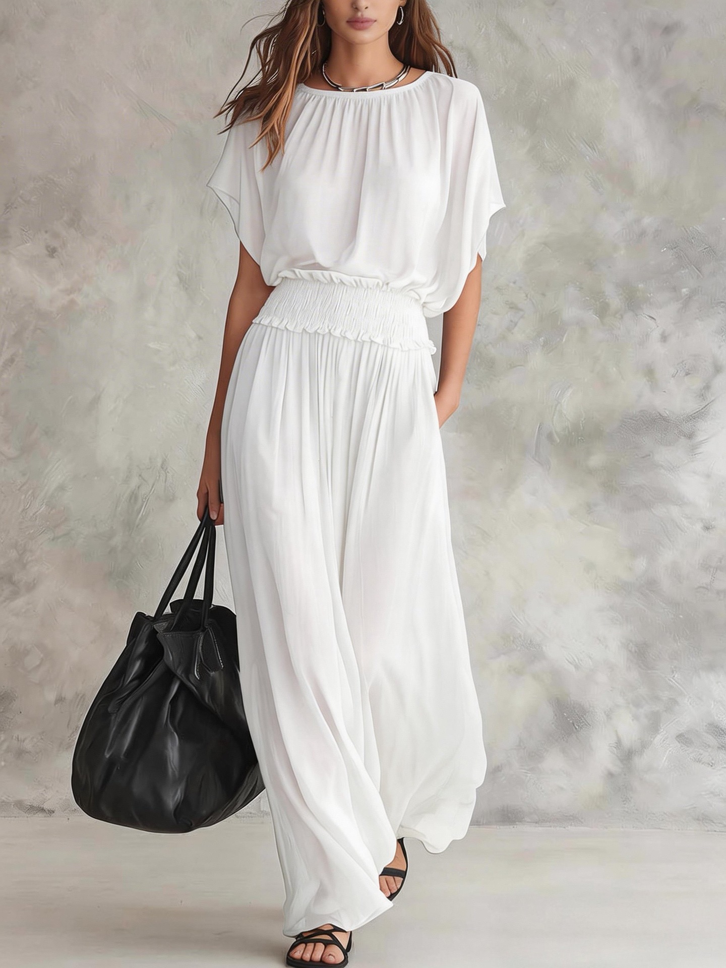 Women’s Smocked Waist Batwing Sleeve Flowy Maxi Dress