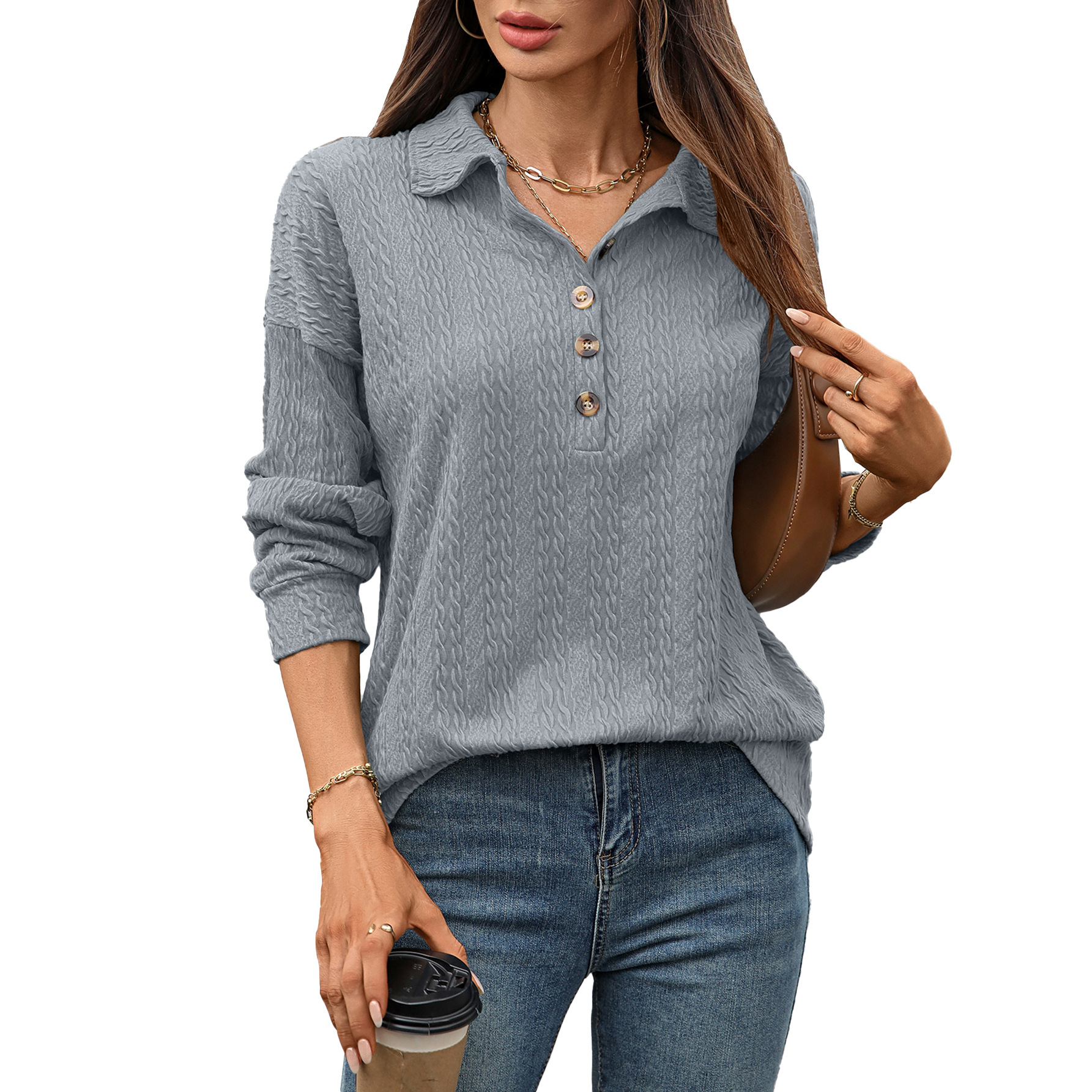 Clearance Sale 🔥 Women's Lapel Button Loose Long-Sleeved Top