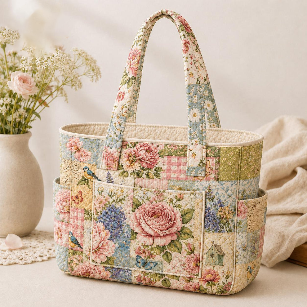Vintage Floral Multiple Pockets Quilted Tote Bag TG13