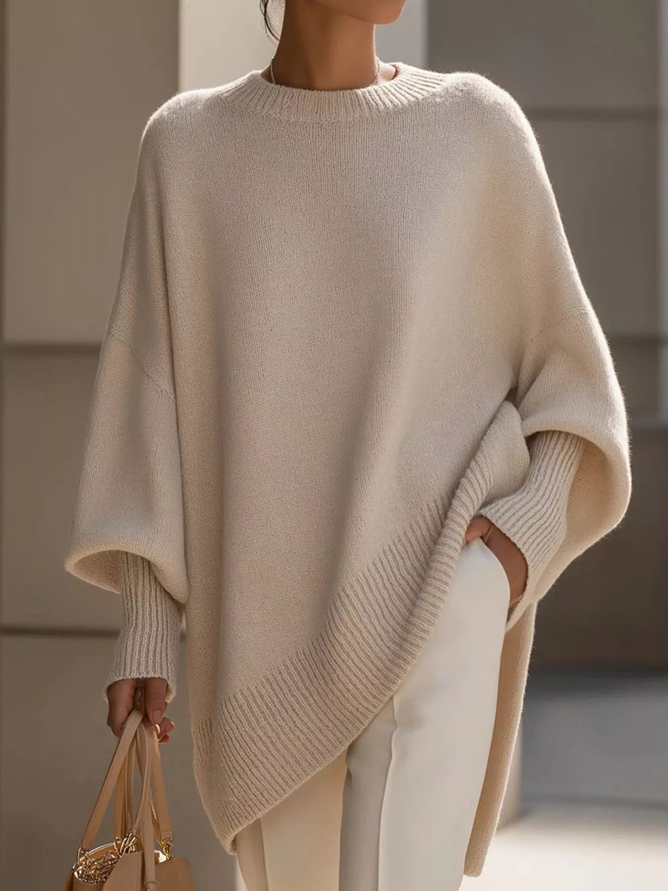 Elegant minimalist style loose knitted cape top