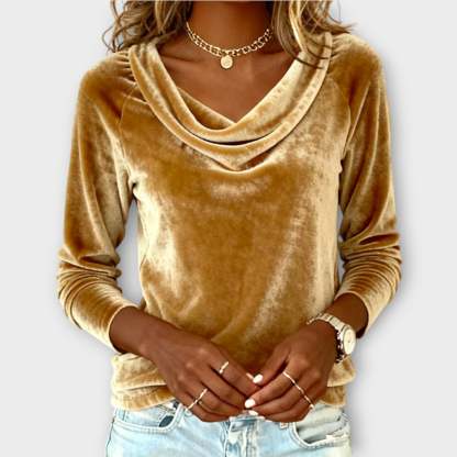 Velvet Draped Neck Long-Sleeve Top