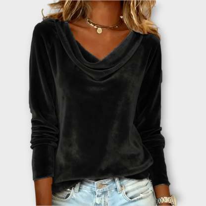 Velvet Draped Neck Long-Sleeve Top
