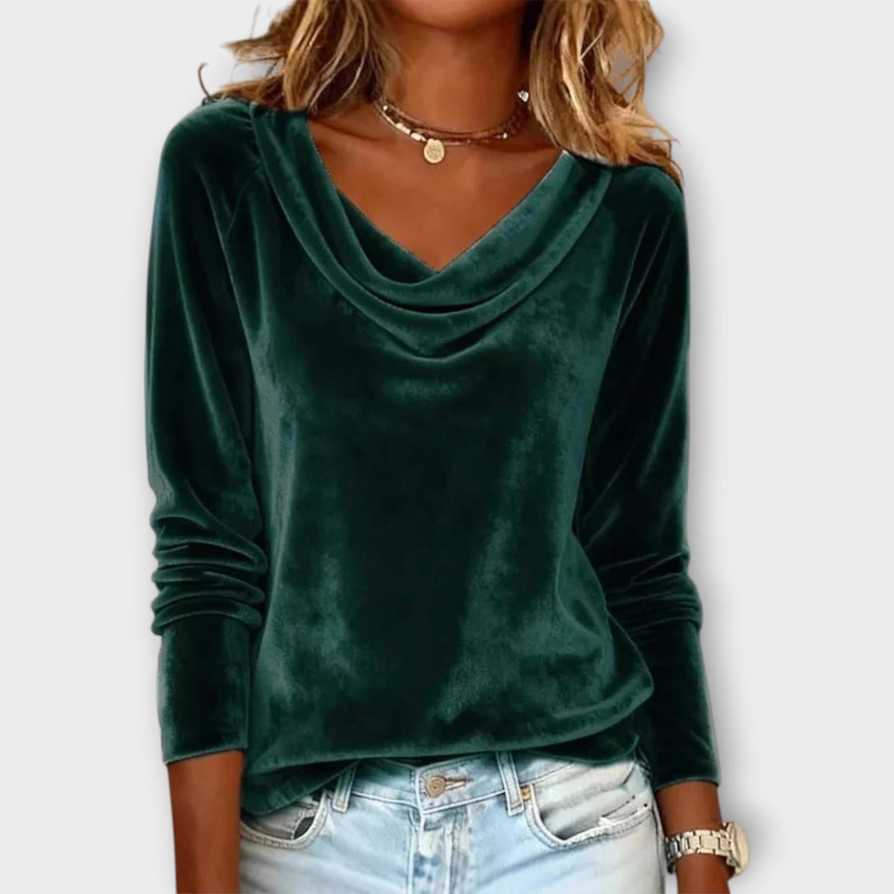 Velvet Draped Neck Long-Sleeve Top
