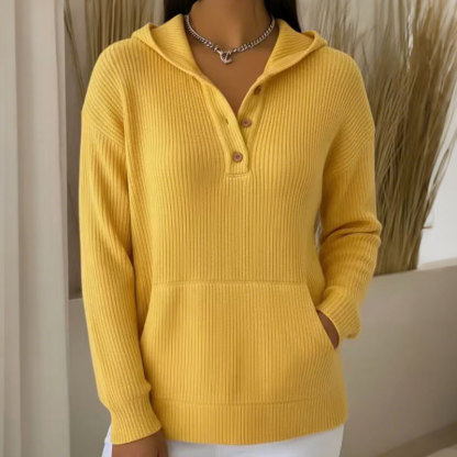 Women's Soft Solid Color Ribbed Hoodie with Button Pockets