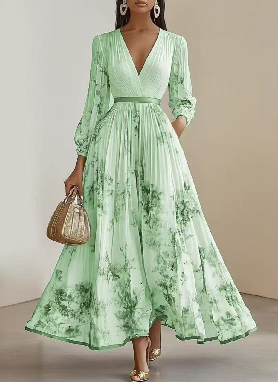 [Copy]Women’s Pleated Chiffon Floral Print Deep V-Neck Midi Dress