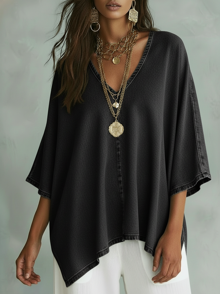 Women’s Relaxed V-Neck Chambray Blouse – Loose Fit & Plus-Size Friendly