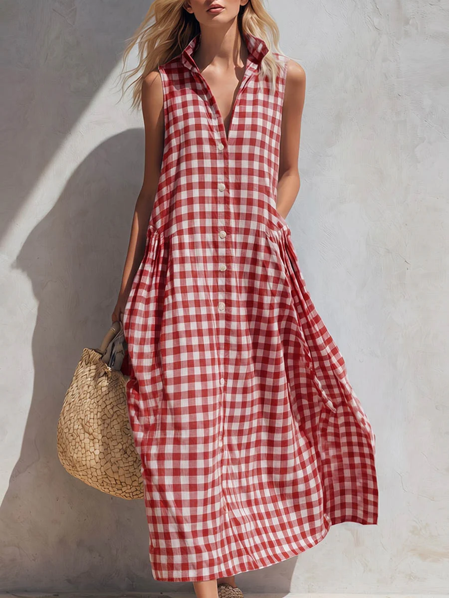 Women's Plaid-print V-neck Sleeveless Casual Loose Cotton-linen Dress