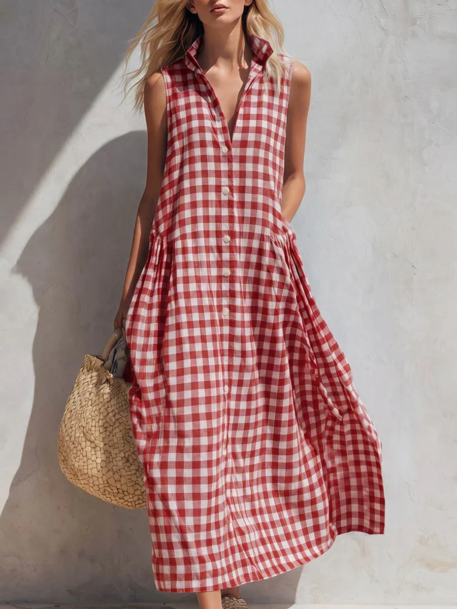 Women's Plaid-print V-neck Sleeveless Casual Loose Cotton-linen Dress