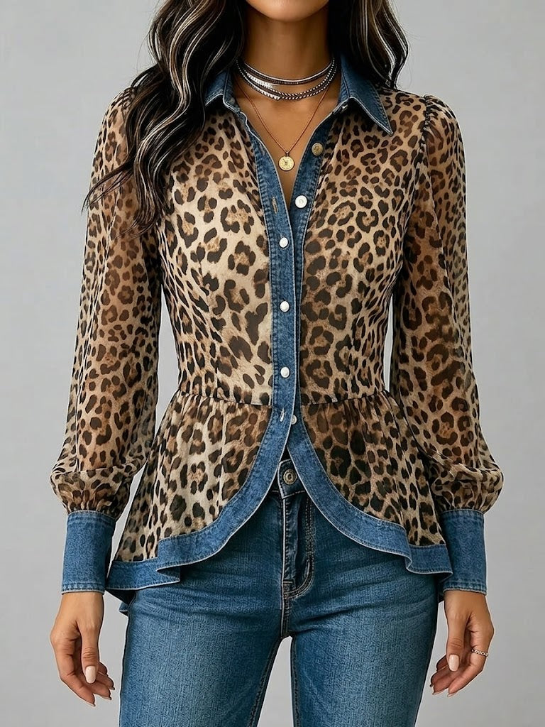 Casual & Stylish Spliced denim And Leopard Print Shirt