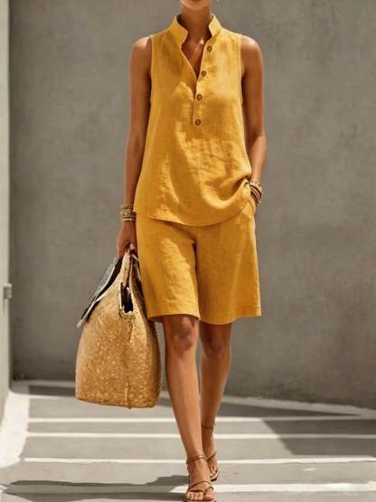 Casual And Comfortable Linen-cotton Sleeveless Top And Shorts Two-piece Set