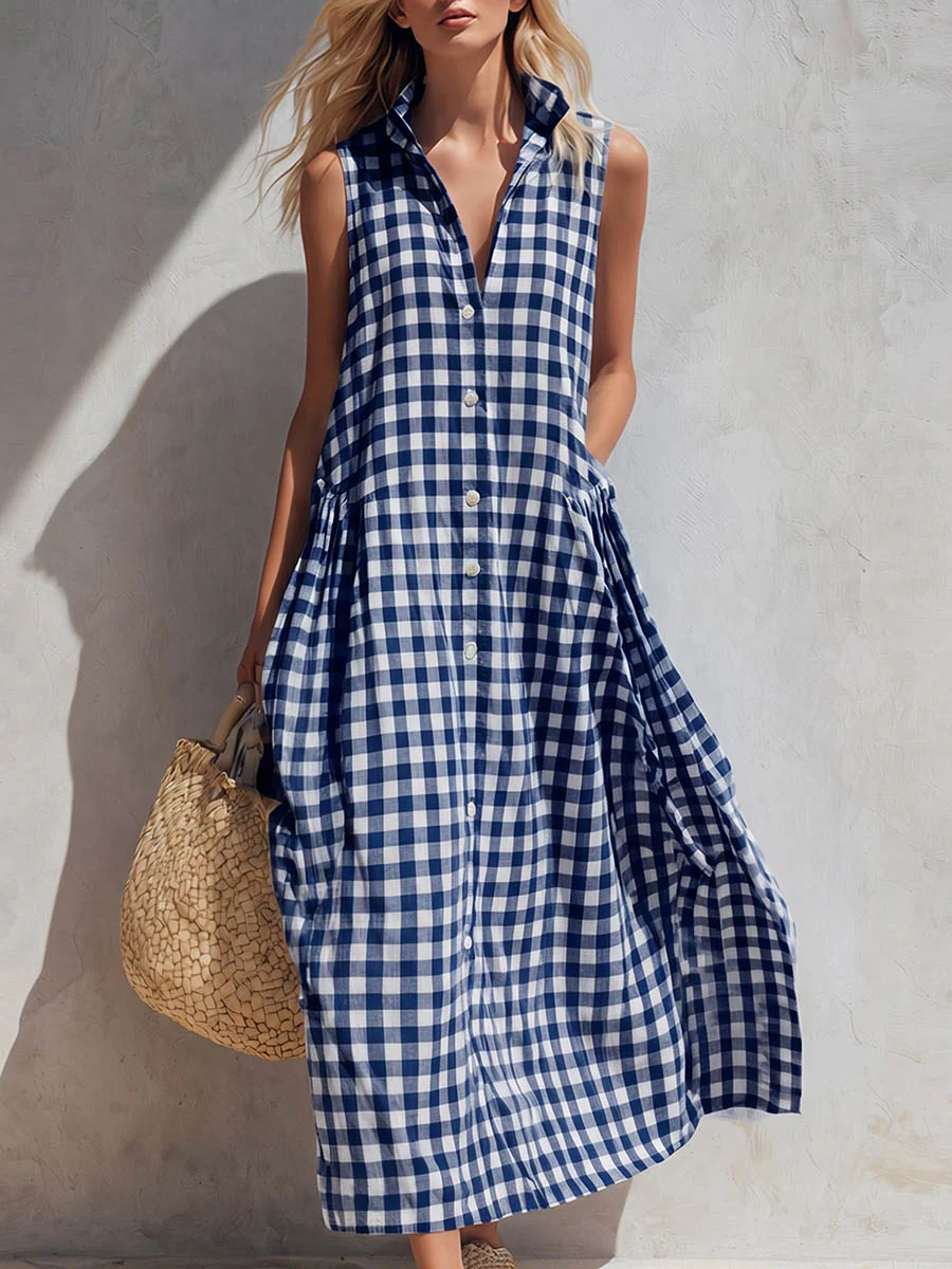 Women's Plaid-print V-neck Sleeveless Casual Loose Cotton-linen Dress