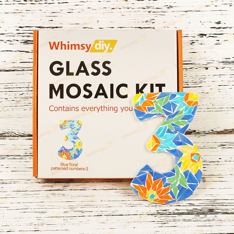 Whimsy DIY Blue Floral Patterned numbers-3 Glass Mosaic Kit Puzzles