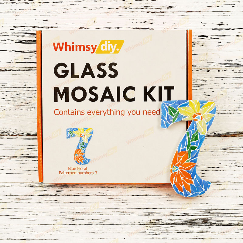 Whimsy DIY Blue Floral Patterned numbers-7 Glass Mosaic Kit Puzzles