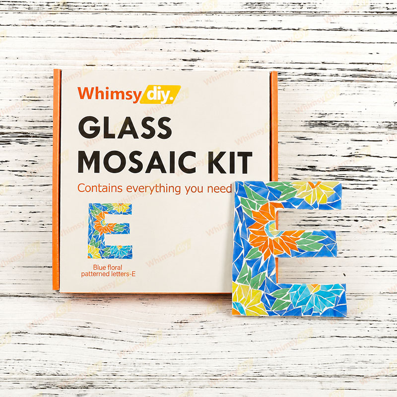 Whimsy DIY Blue Floral Patterned Letters-E Glass Mosaic Kit Puzzles
