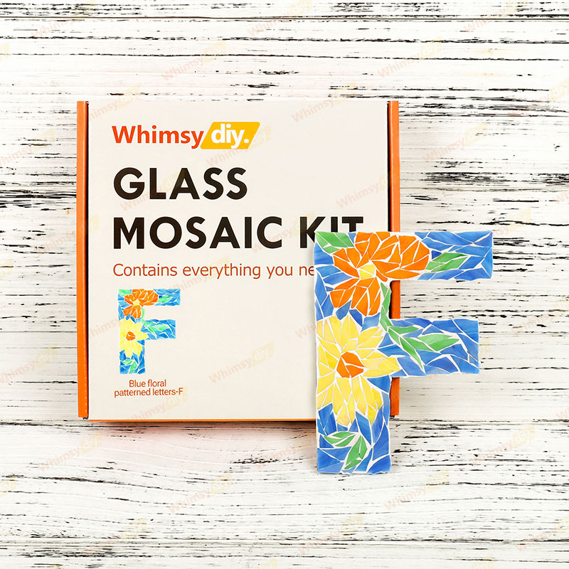 Whimsy DIY Blue Floral Patterned Letters-F Glass Mosaic Kit Puzzles