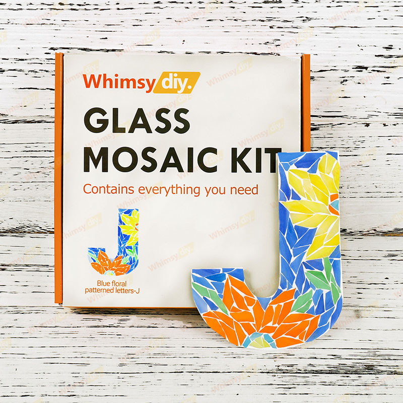 Whimsy DIY Blue Floral Patterned Letters-J Glass Mosaic Kit Puzzles