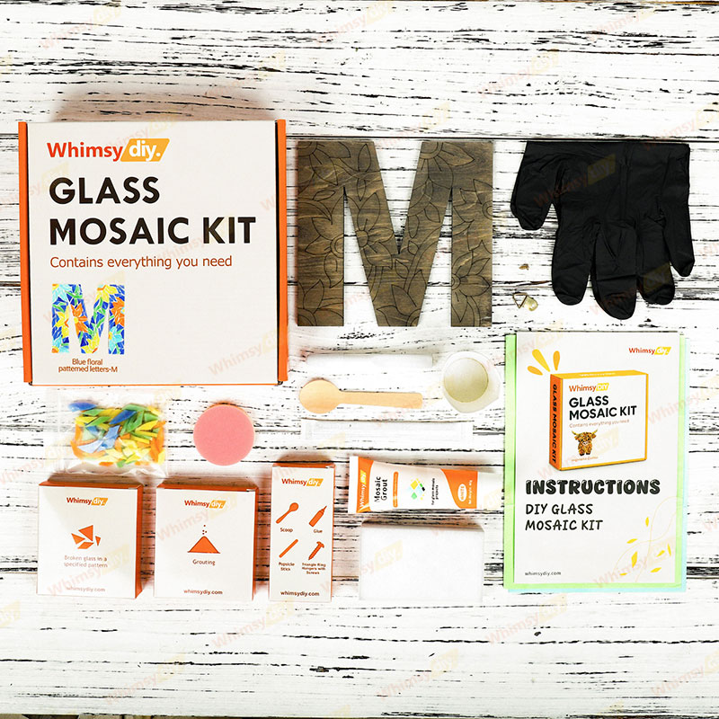 Whimsy DIY Blue Floral Patterned Letters-M Glass Mosaic Kit Puzzles