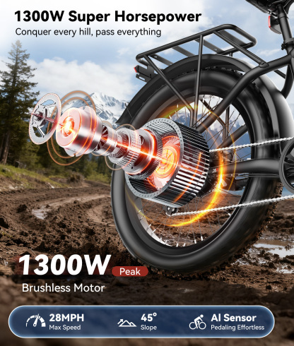 28 MPH Electric Bikes for Adults 1300W Peak Motor Ebike 26" Fat Tire 90 Miles Long Range Mountain Electric Bicycle with 48V Removable Battery 7 Speed E Bike with Front Fork Suspension-Baicycle