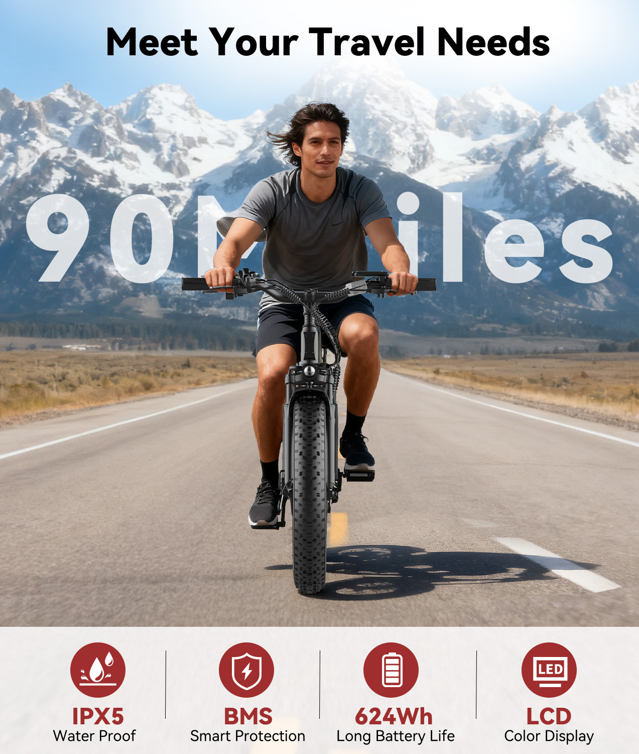 28 MPH Electric Bikes for Adults 1300W Peak Motor Ebike 26" Fat Tire 90 Miles Long Range Mountain Electric Bicycle with 48V Removable Battery 7 Speed E Bike with Front Fork Suspension-Baicycle