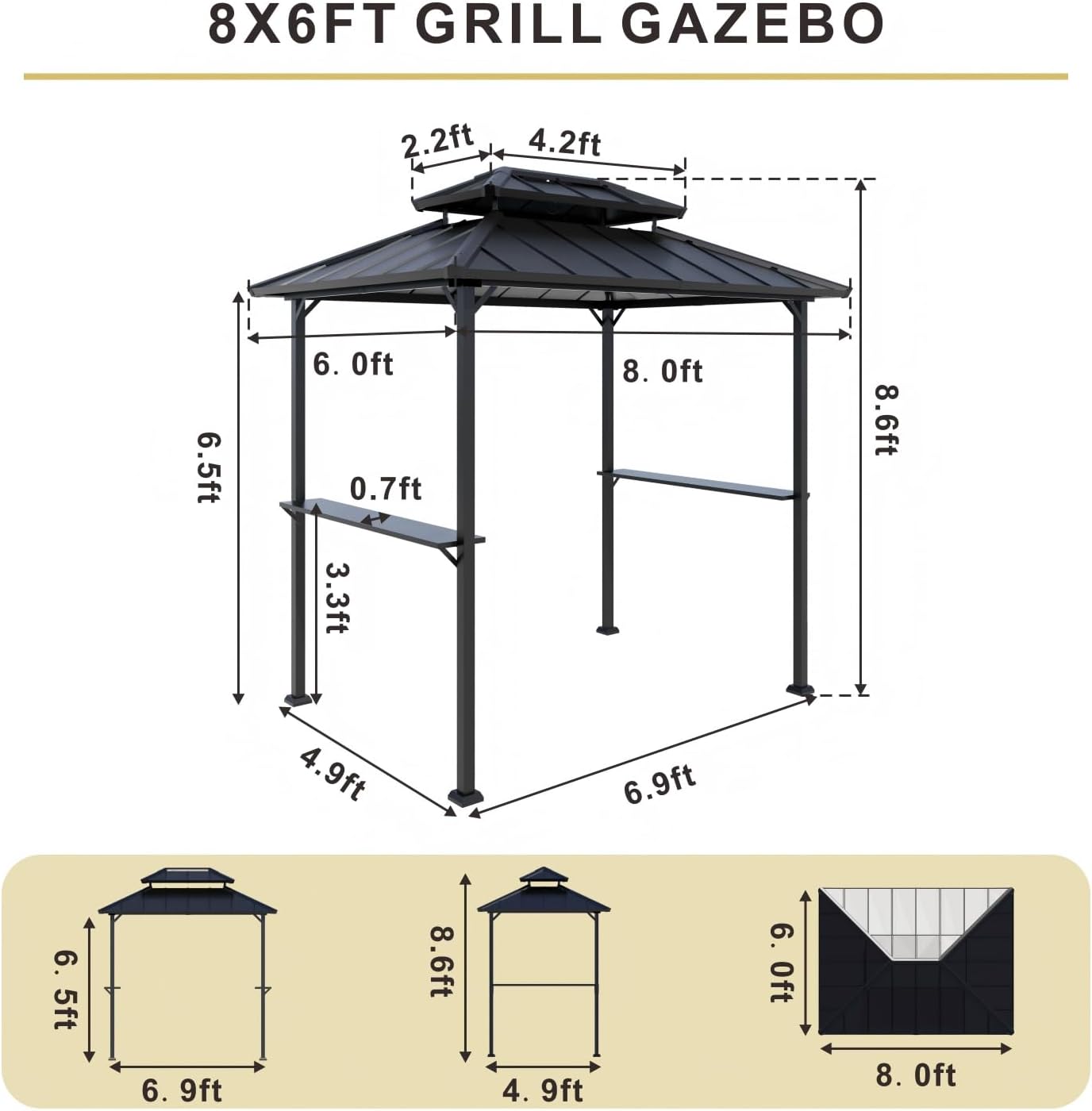 8'x6' Grill Gazebo,Outdoor Hardtop Gazebo with Galvanized Steel Double Roof BBQ Grill Canopy with Aluminum Frame