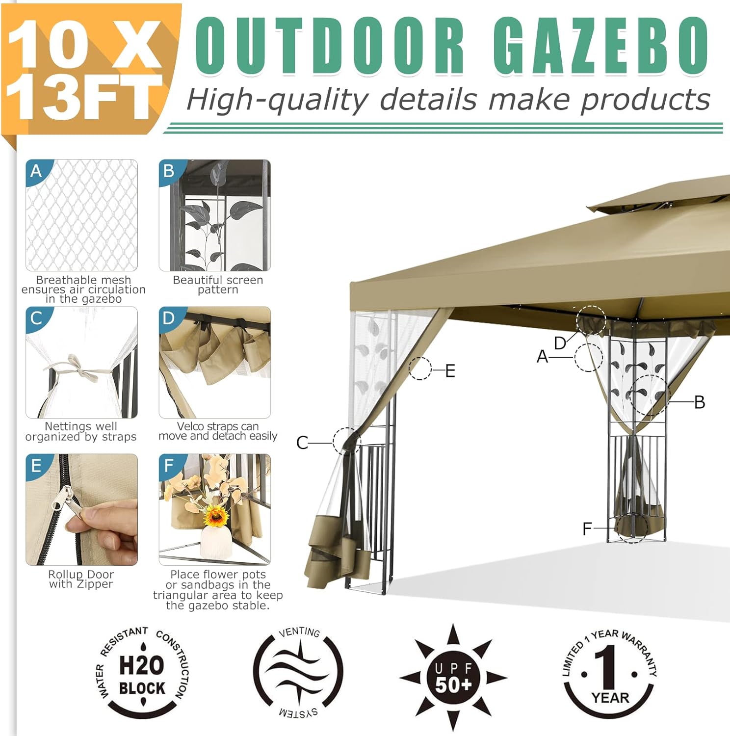 10x13ft Gazebo on Clearance, Outdoor Tent with Mosquito Netting and Ventilated Double Flat Roof, Patio Gazebo with Stable Metal Frame