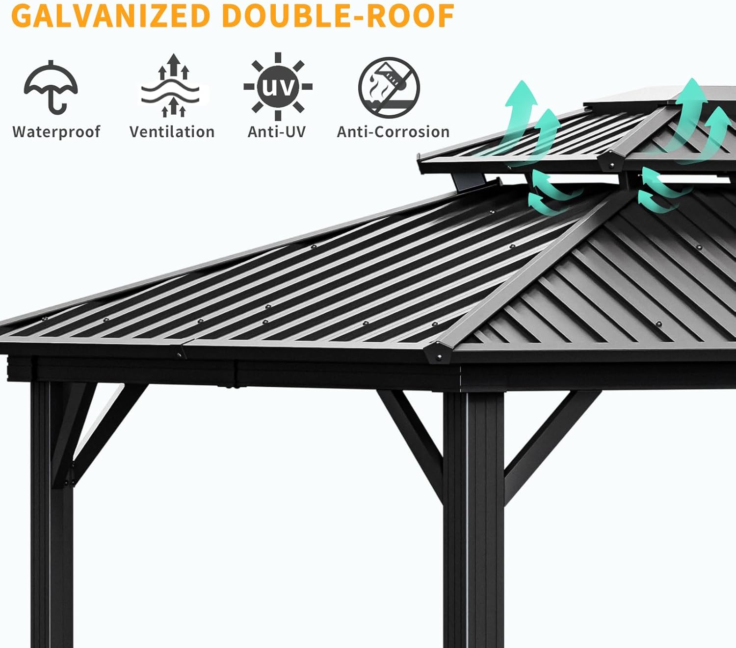 10x12 Hardtop Gazebo with Heavy Duty Galvanized Steel Double Roof, Aluminum Frame, Flame-Resistant Curtains and Netting, Outdoor Permanent Pavillon for Backyard, Black