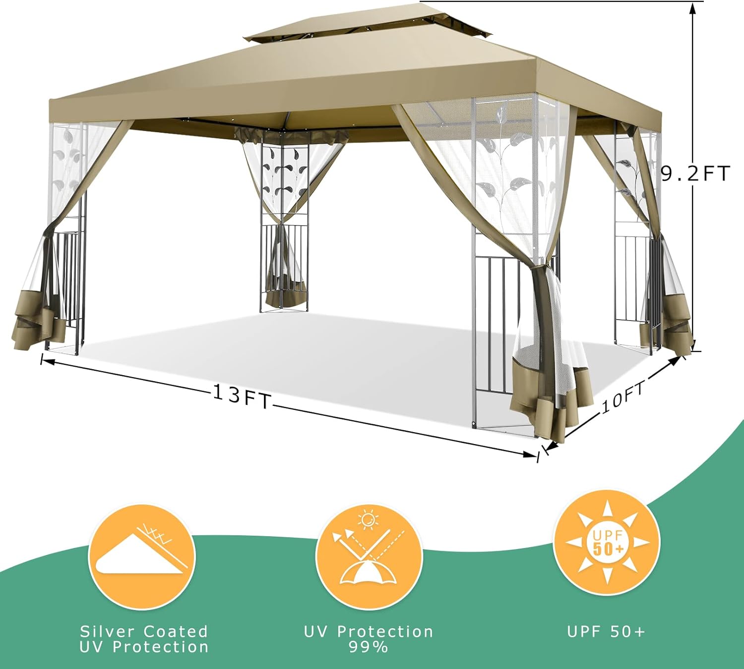 10x13ft Gazebo on Clearance, Outdoor Tent with Mosquito Netting and Ventilated Double Flat Roof, Patio Gazebo with Stable Metal Frame