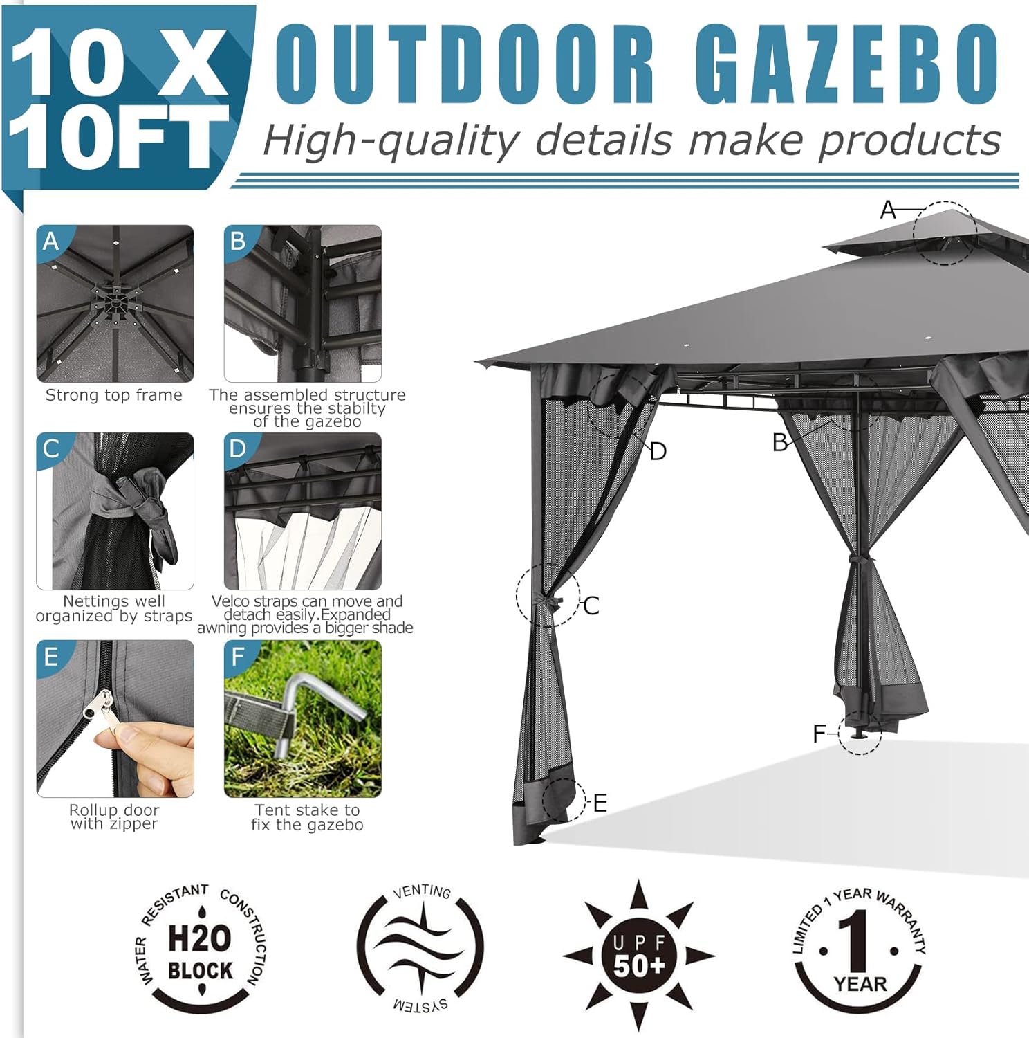 10'x10' Outdoor Gazebo para Patio on Clearance with Netting, Waterproof Canopy Tent with Heavy Duty Steel Frame, High Wind-Resistant Shelter for Backyard, Deck & Garden