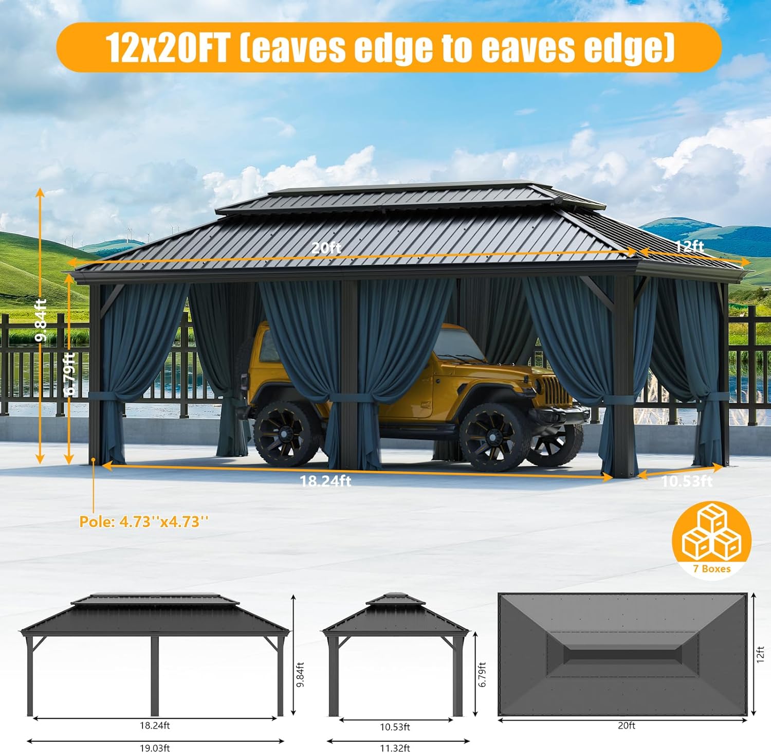 12x20 Gazebo with Metal Roof Heavy Duty Hardtop Gazebo with Flame-Retardant Curtain & Netting, Hot Tub Gazebos with Galvanized Steel Double Roof, Outdoor Canopy for Patio, Party